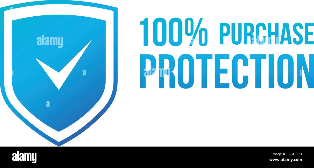 Blue 100 purchase protection, secure transaction shield with check mark. Vector illustration isolated on white. Stock Vector