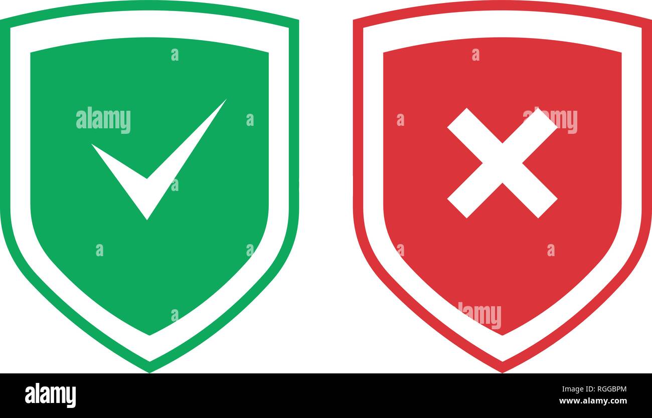 Shields With Check Mark And Cross Icons Set Red And Green Shield
