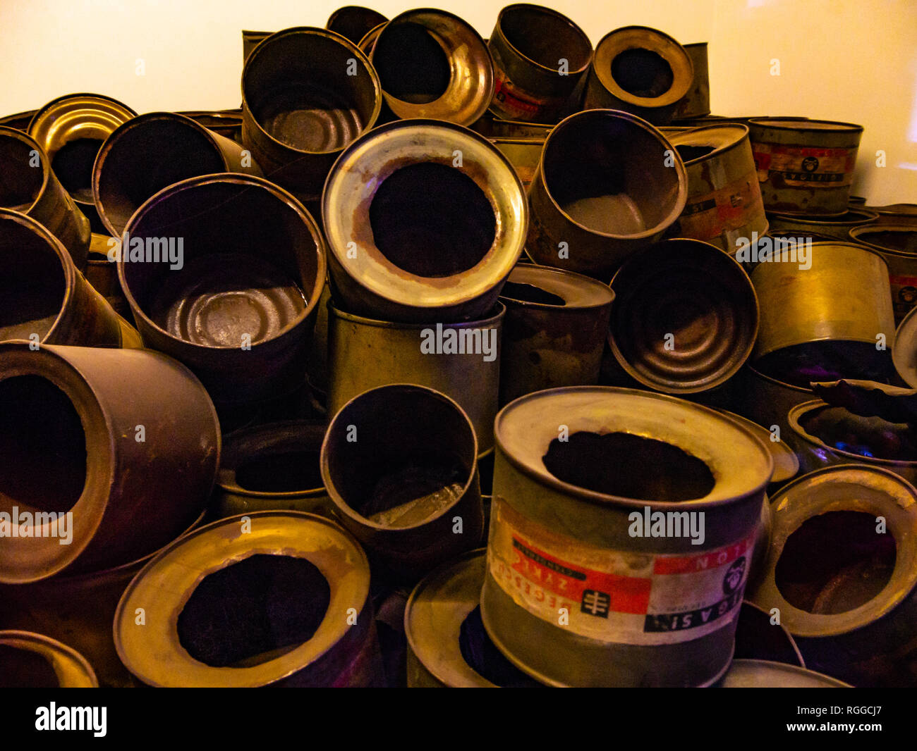 Zyklon-B canisters, Auschwitz concentration and extermination camp, Oswiecim, Poland Stock Photo