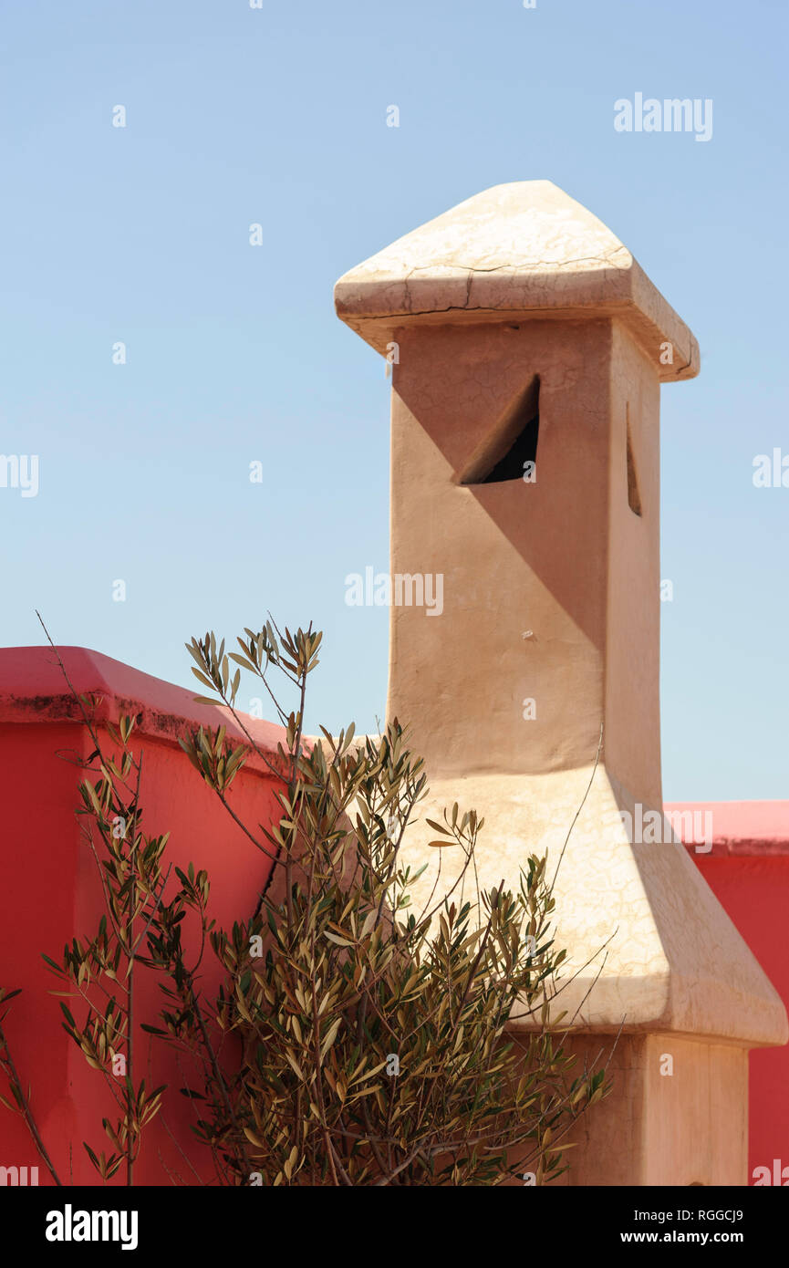 05-03-15, Marrakech, Morocco. The Riad Porte Royale. Abstract photograph of the red painted walls of the terrace, and red coloured sun shades. Photo: Stock Photo