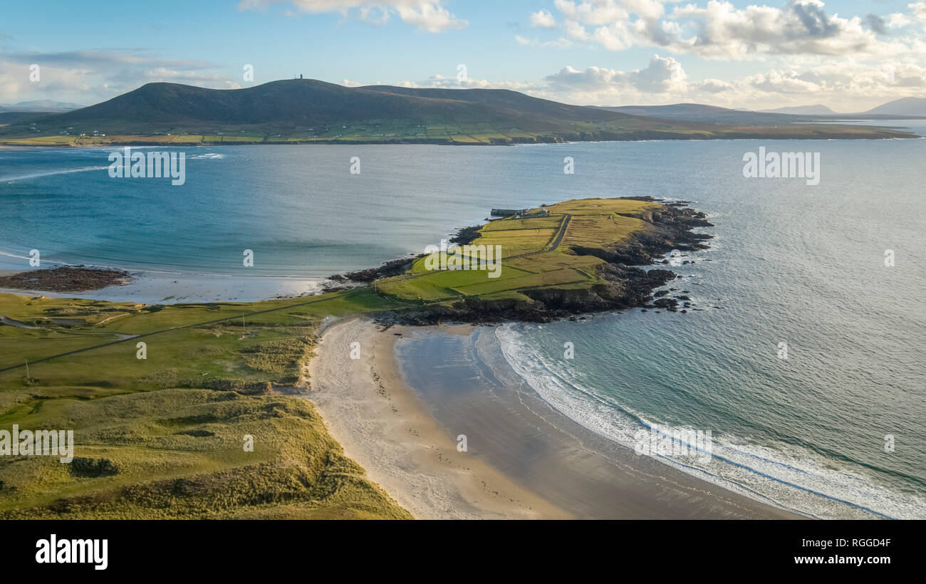 Aerial view over Binroe Point and Broadhaven Bay, Carrowteige. County Mayo, Ireland. Stock Photo