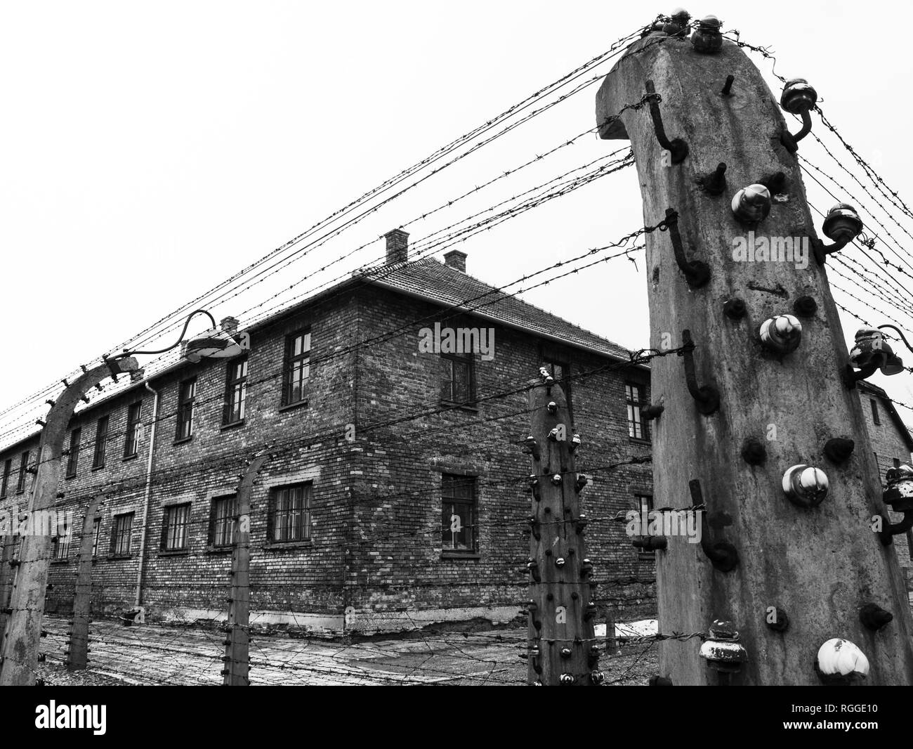 Electric fence, Auschwitz concentration and extermination camp, Oswiecim, Poland Stock Photo