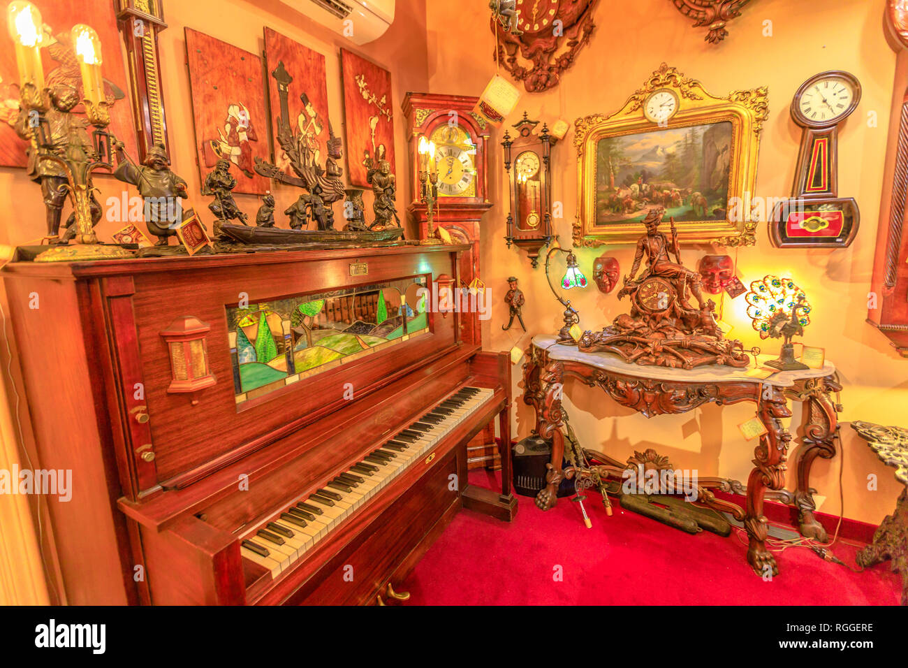 Solvang, California, USA - August 10, 2018: vintage piano inside Renaissance Antiques in Danish Village, one of finest antique galleries: decorative Stock Photo