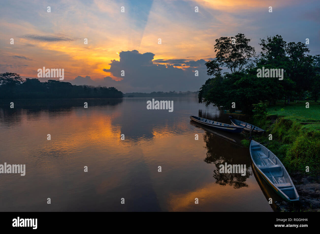 Canoes along the riverbank of the Cuyabeno Wildlife Reserve at sunset in the Amazon River Basin, Ecuador. Stock Photo