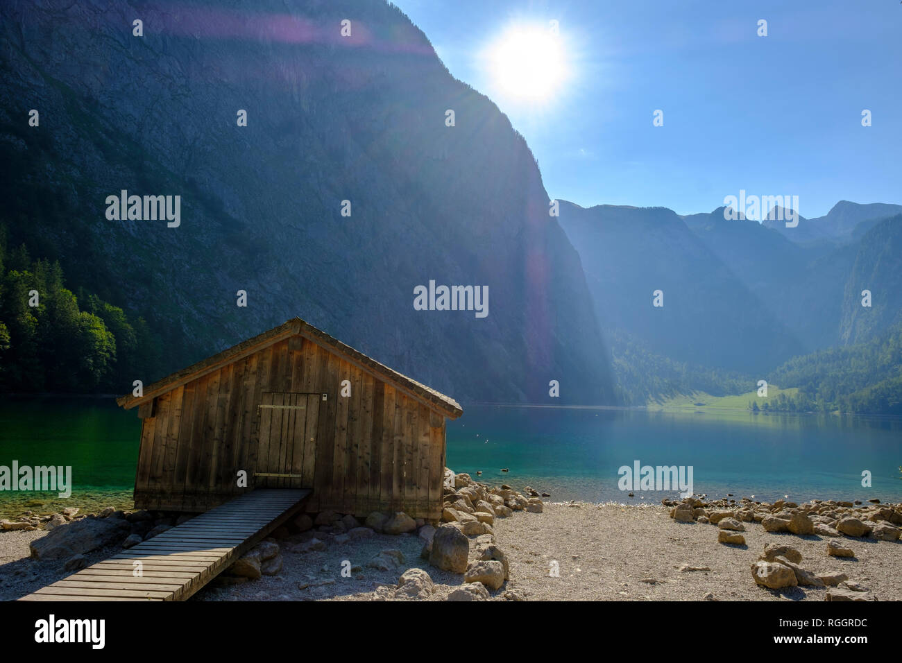 Germany, Bavaria, Upper Bavaria, Berchtesgaden Alps, Berchtesgaden National Park, boathouse at Lake Obersee Stock Photo