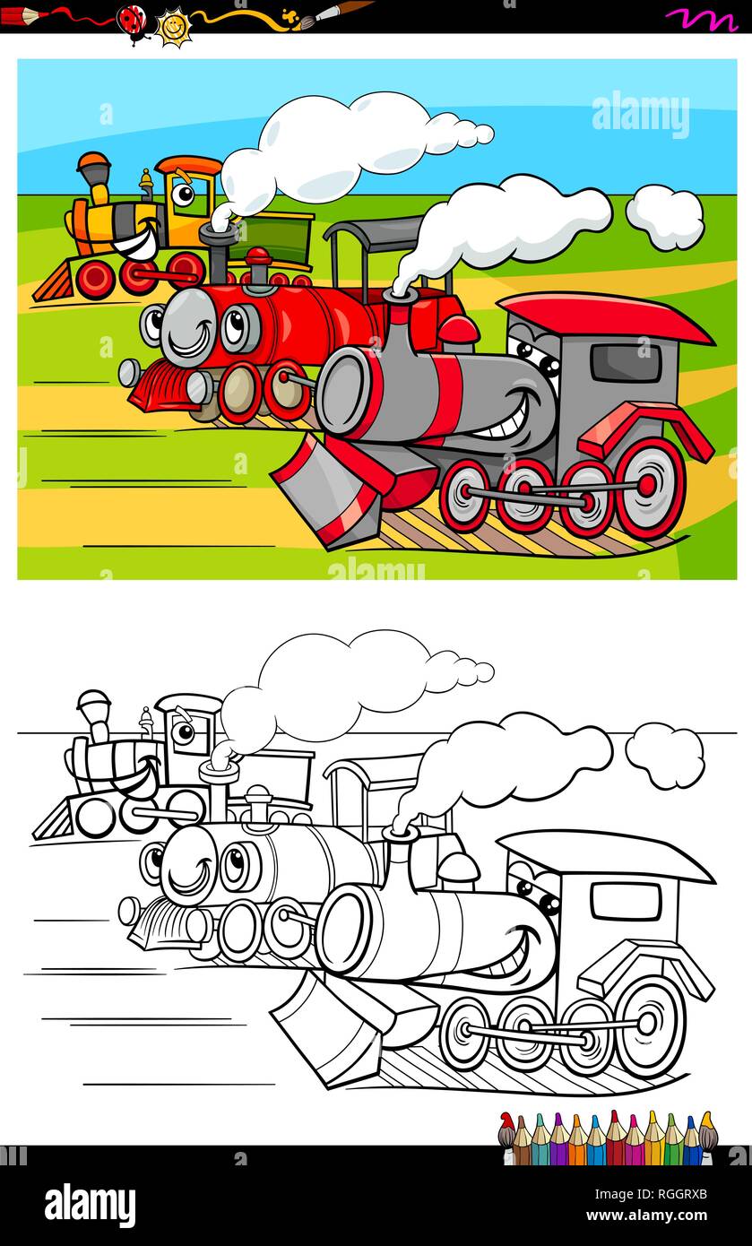 Cartoon Illustration of Funny Locomotives Vehicle Characters Group Coloring Book Activity Stock Vector