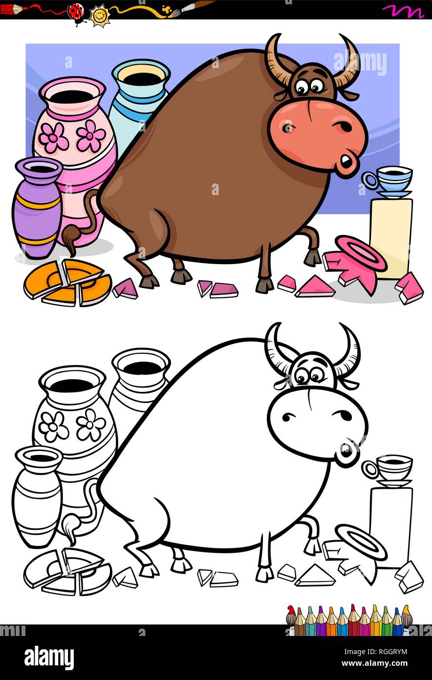 Cartoon Illustration of Funny Bull in a China Shop Coloring Book Activity Stock Vector