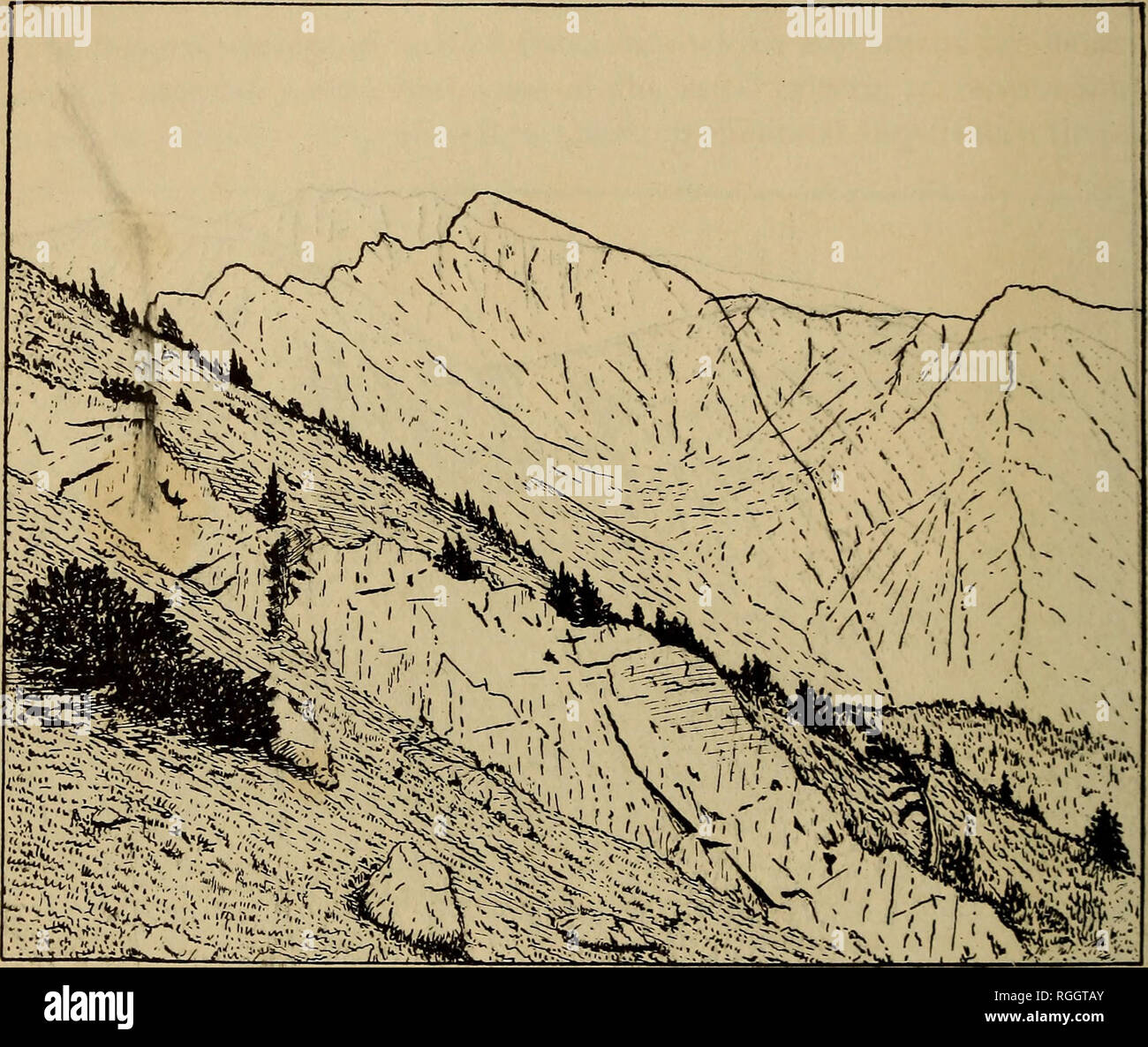 . Bulletin of the Geological Society of America. Geology. 368 R. A. DALY THE OKANAGAN COMPOSITE BATHOLITH granodiorite (figure 8). Moreover, the granodiorite was not introduced by any system of cross-faults or peripheral faults dislocating the sediment- ary rocks. Owing to the special attitudes of the latter, the strike and dip of the beds would be peculiarly sensitive to such dislocation. The fault- ing actually displayed in the Cretaceous beds is strike faulting and was completed before the granodiorite was intruded (figure 7). The igneous. Figure 11.—Plunging Contact Surface between intrusi Stock Photo