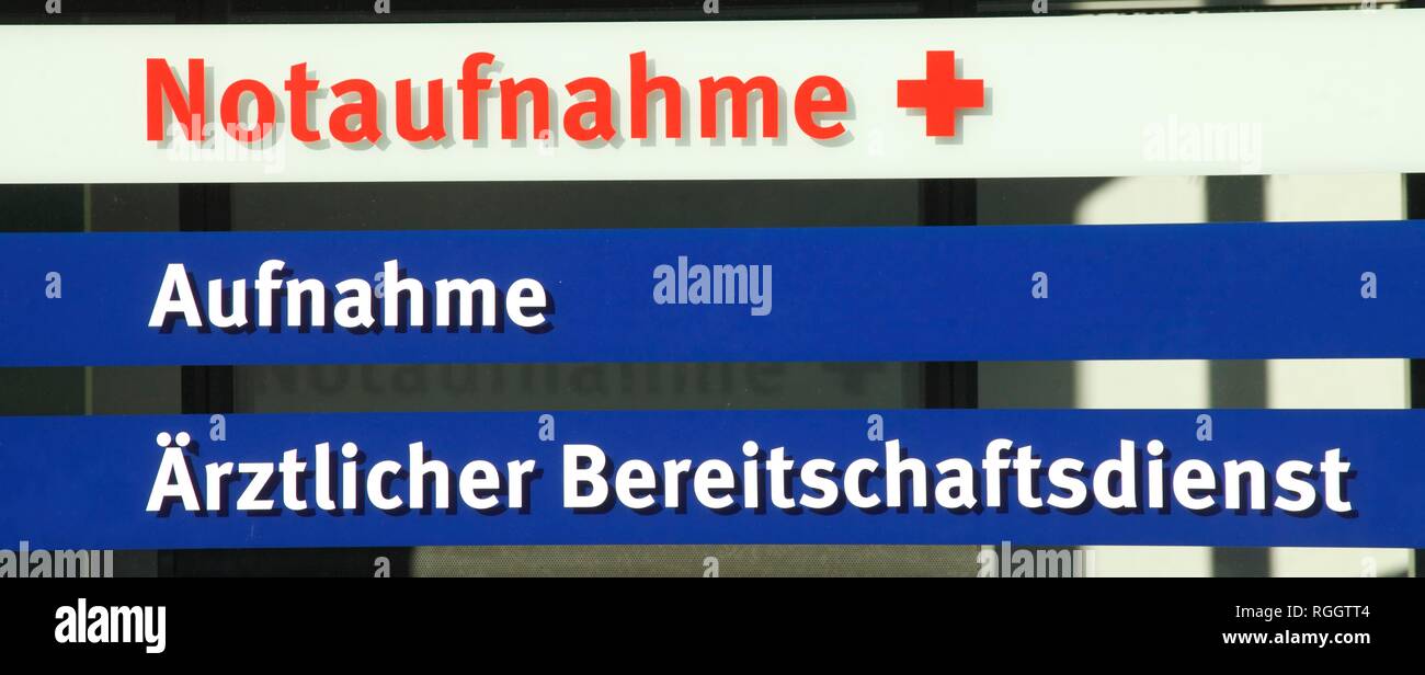 Sign for emergency admission, medical on-call service at a hospital, Germany Stock Photo