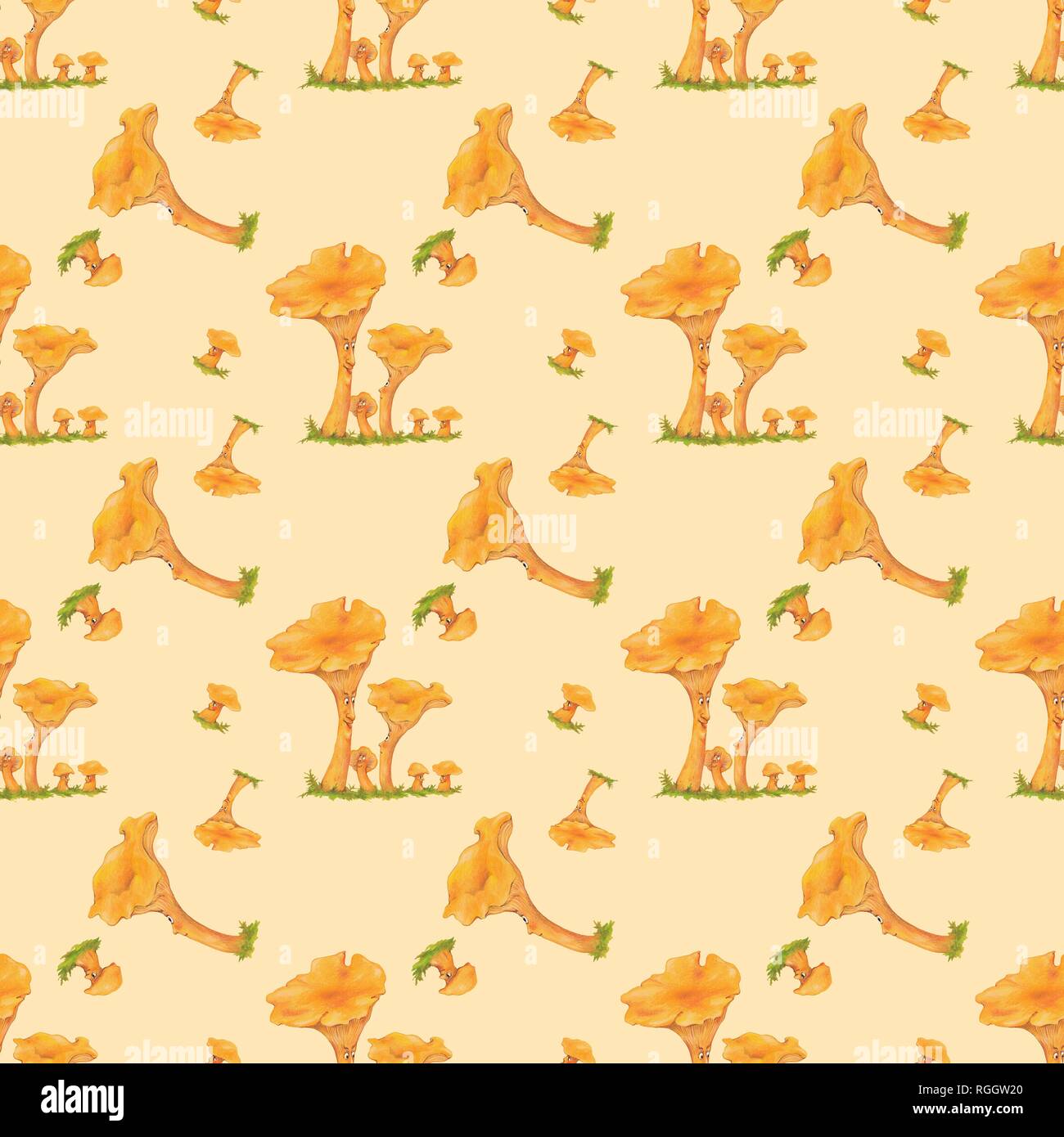 Wallpaper, wrapping paper, seamless pattern, chanterelles (Cantharellus), faces, clipping, background yellow, Germany Stock Photo