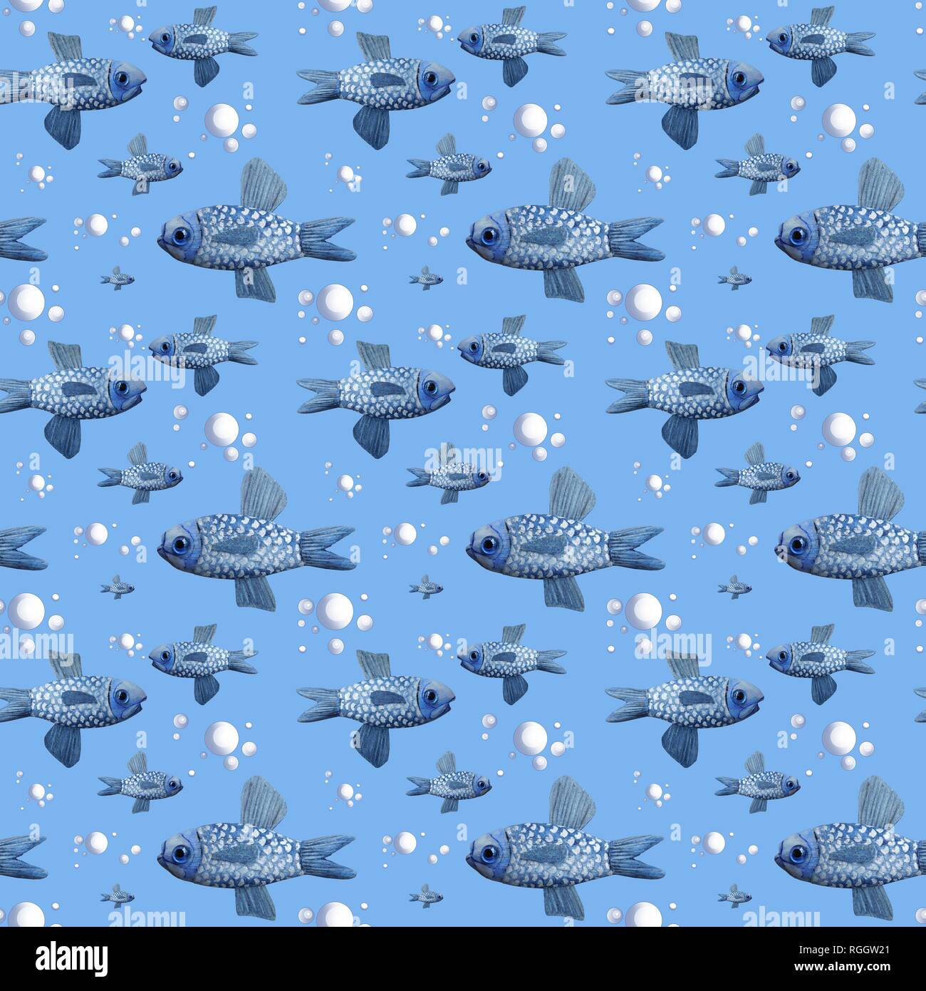 Wallpaper, wrapping paper, seamless pattern, fish with bubbles, background blue, Germany Stock Photo