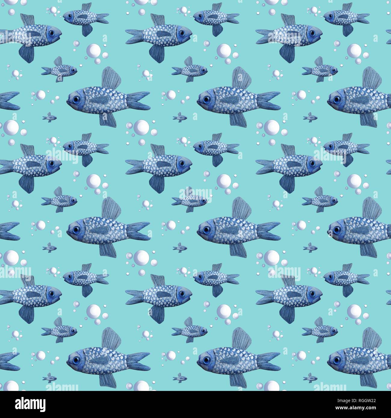 Wallpaper, wrapping paper, seamless pattern, fish with bubbles, background turquoise, Germany Stock Photo