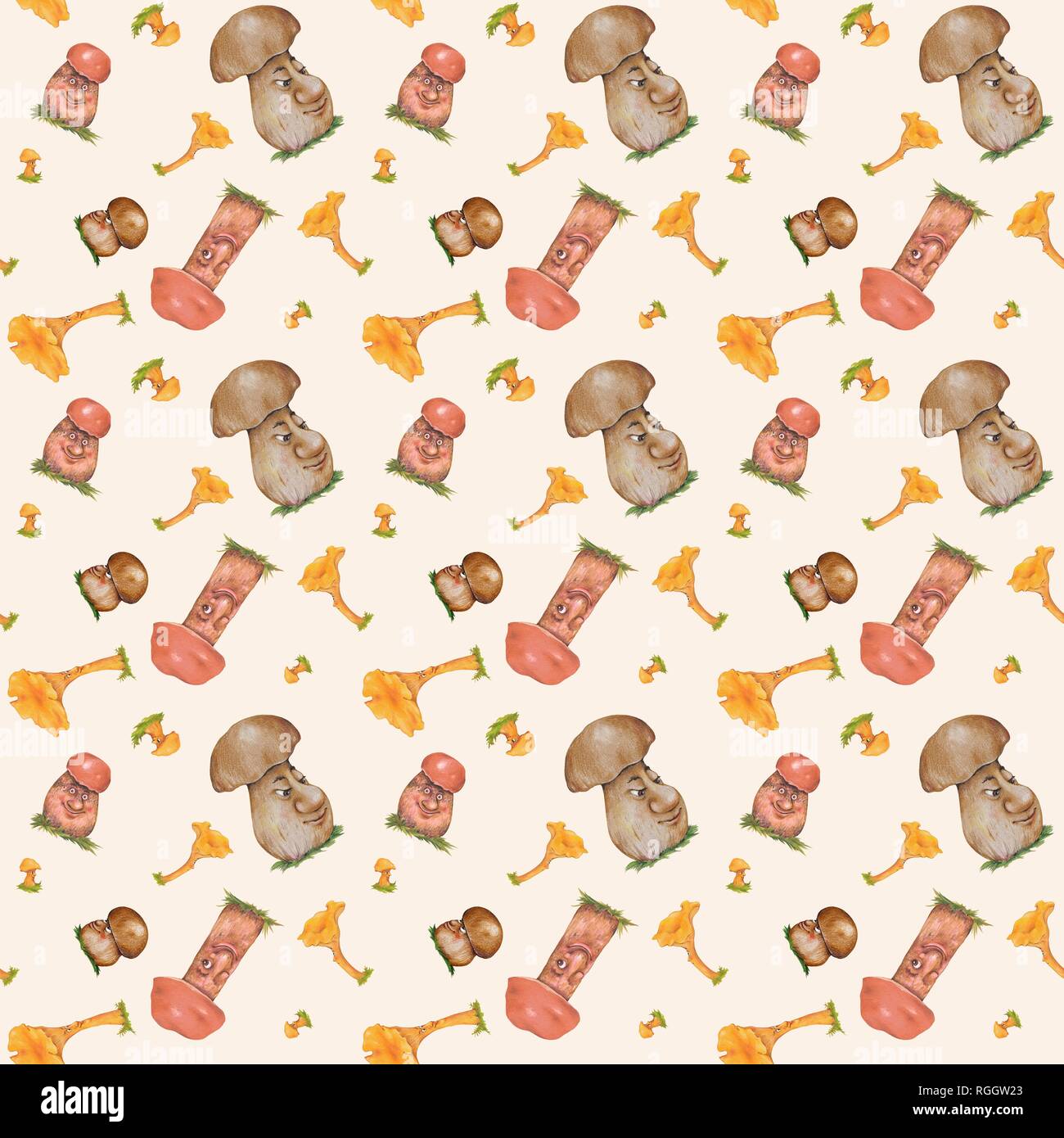 Wallpaper, wrapping paper, seamless pattern, boletus (Boletus), chanterelles (Cantharellus) and Leccinum (Leccinum) Stock Photo