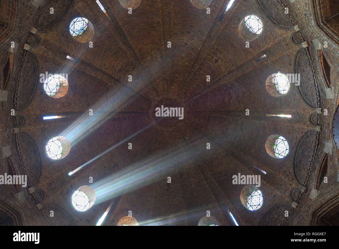 Rays of light shine through windows of the dome, interior, St. Jacobuskerk, Enschede, Netherlands Stock Photo