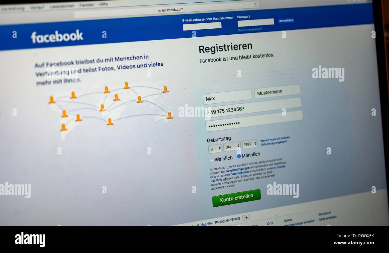 Facebook, social network, homepage with registration form, logo, internet, screenshot, detail, Germany Stock Photo