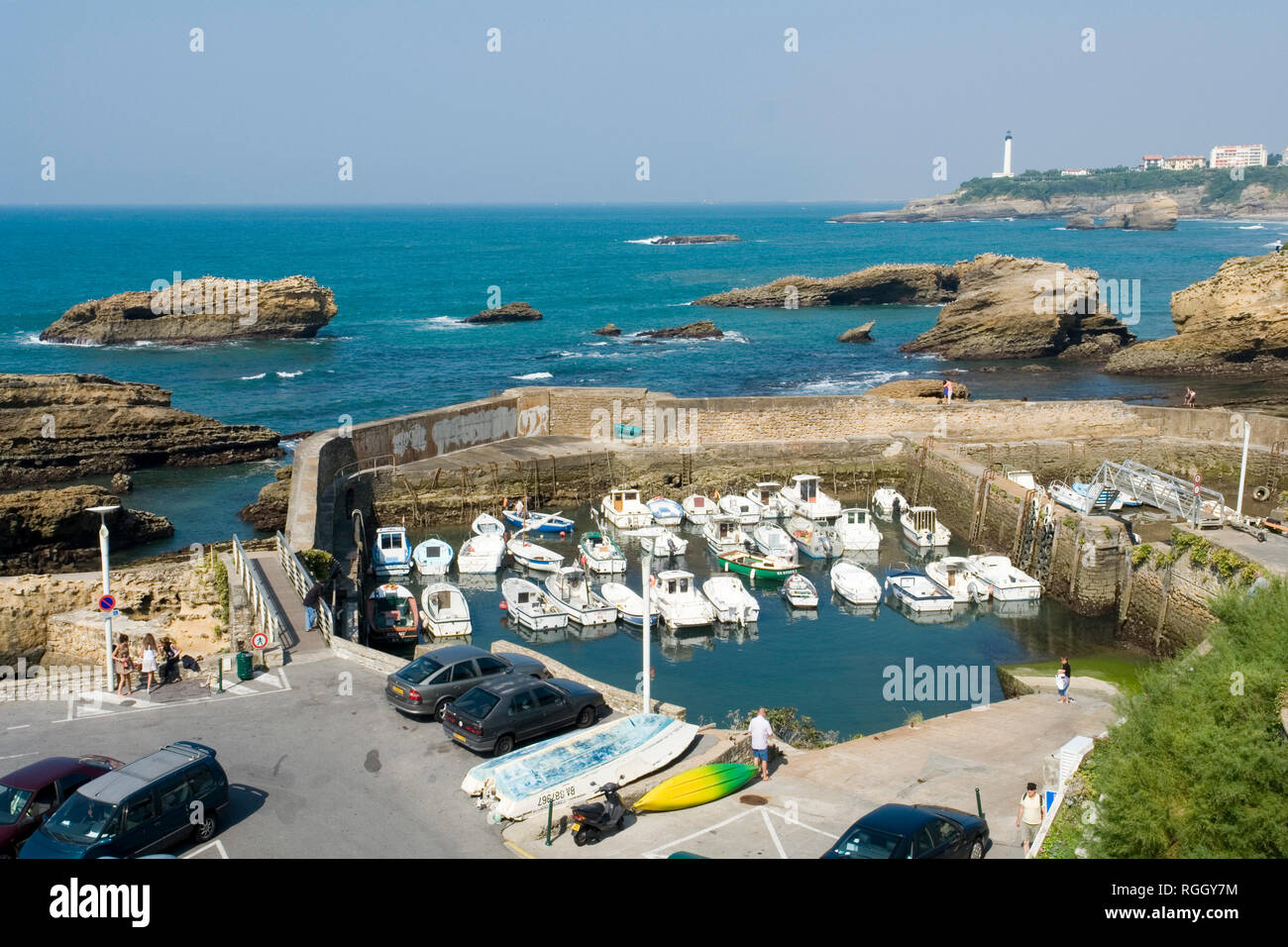 A part of the tiny fishing port of Biarritz (Pyrenees Atlantiques - France). Not very accessible, it consists of three successive tidal docks. Stock Photo