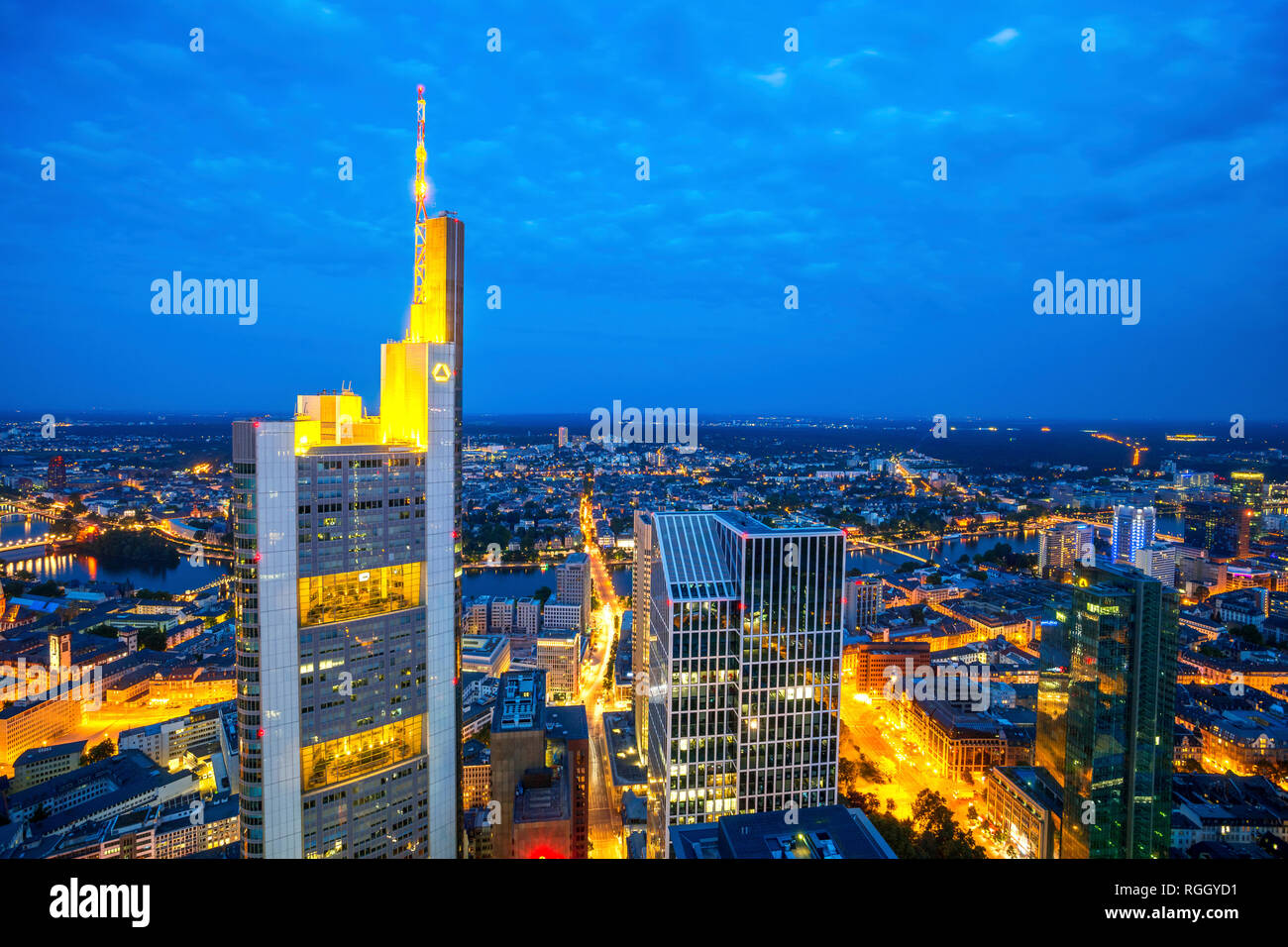 Germany, Hesse, Frankfurt, View to Commerzbank Tower, city view, blue hour Stock Photo