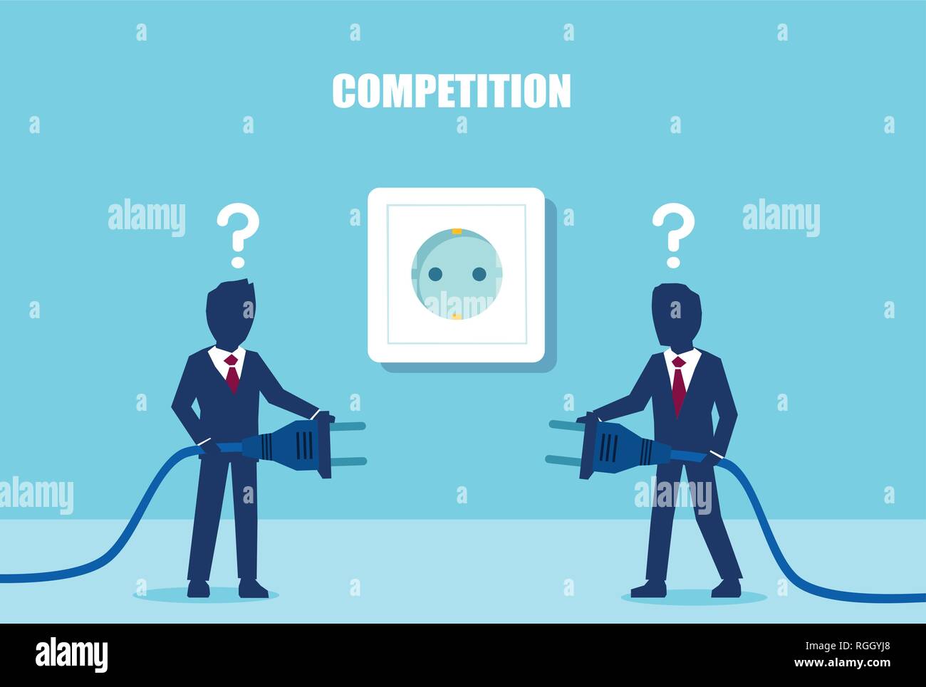Vector of two confused businessmen standing with electrical plugs competing for energy resources on blue background Stock Vector