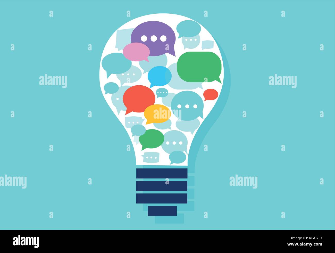 Vector of a light bulb with multiple speech bubbles inside. Successful communication concept. Stock Vector