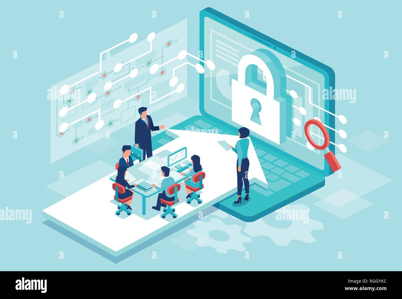 Cyber security concept. Isometric vector of a team working designing new software to protect personal data Stock Vector