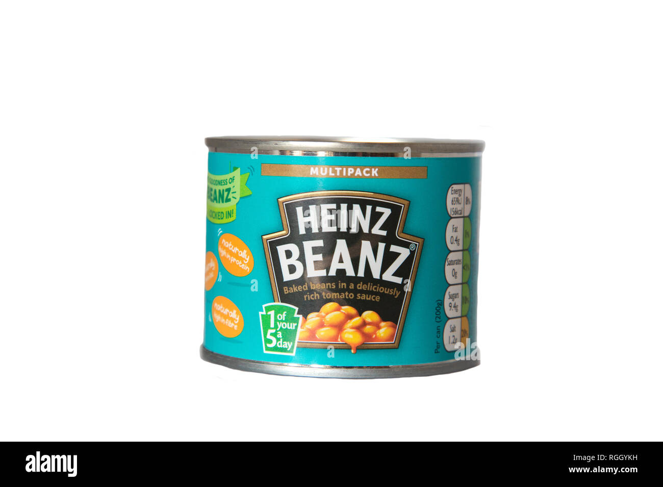 Small Tin of Heinz Baked Beanz on a clean white background, tin is from a multipack of beanz Stock Photo