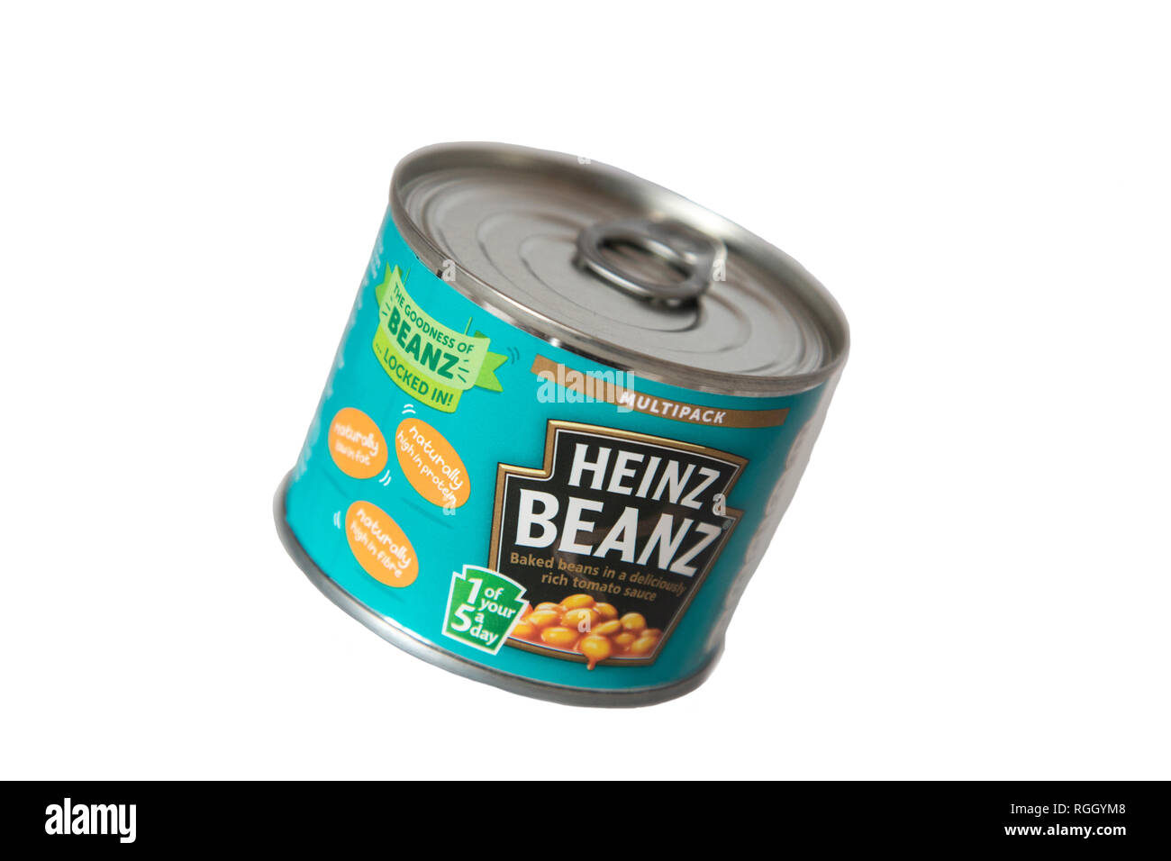 Small Tin of Heinz Baked Beanz on a clean white background, tin is from a multipack of beanz Stock Photo