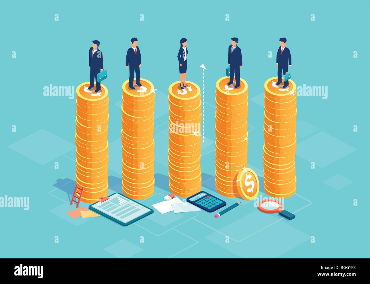 Gender equality and equal opportunities in corporate business concept.  Vector with businessmen and businesswoman on same pile of money Stock  Vector Image & Art - Alamy
