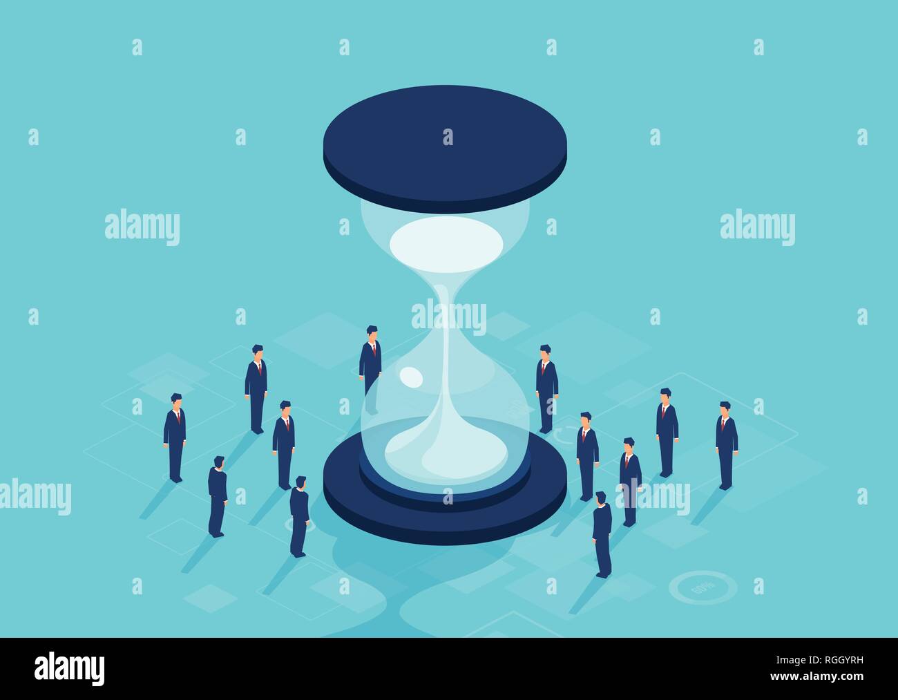 Teamwork and time management concept. Vector of group of businessmen standing around hourglass solving a problem Stock Vector
