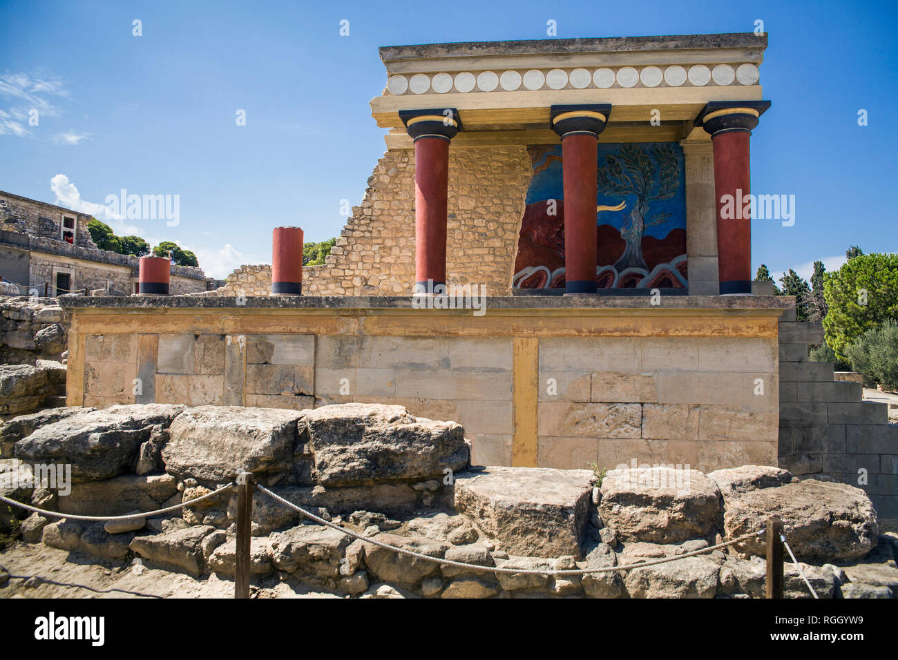 Red columns of the Knossos palace. Fragment of the ruins of the Knossos