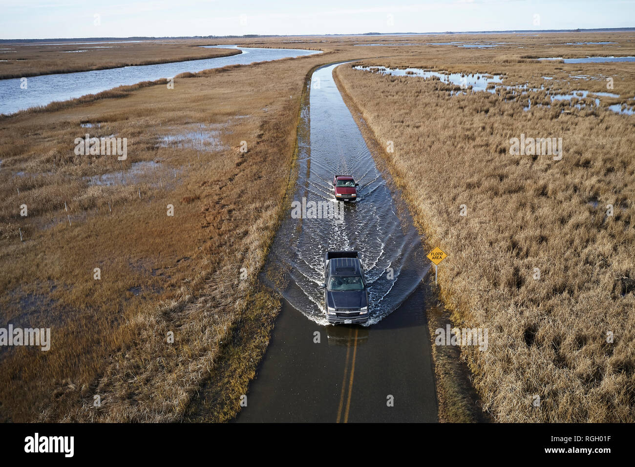 USA, Maryland, Cambridge, High tide flooding from rising sea levels at