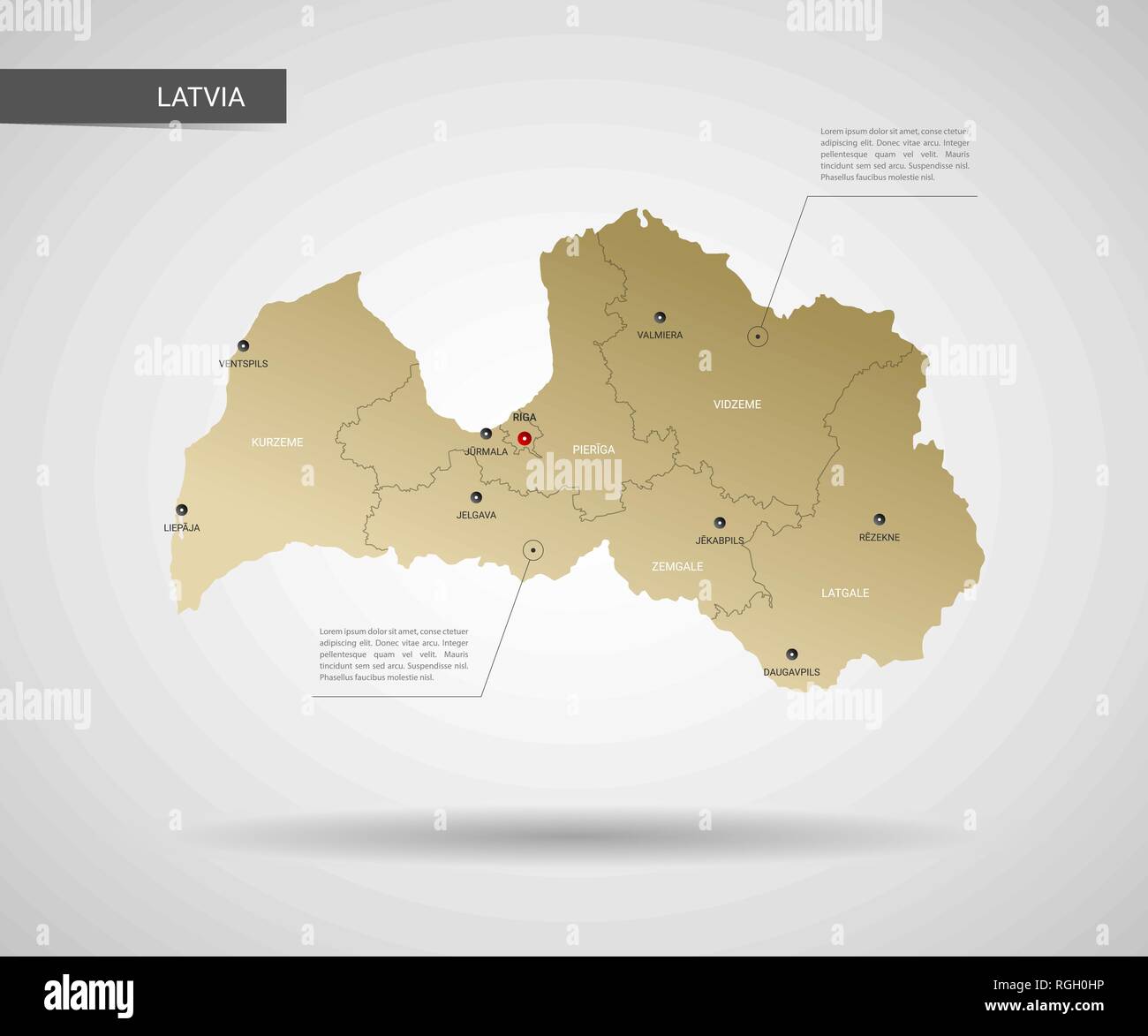 Stylized vector Latvia map. Infographic 3d gold map illustration with ...