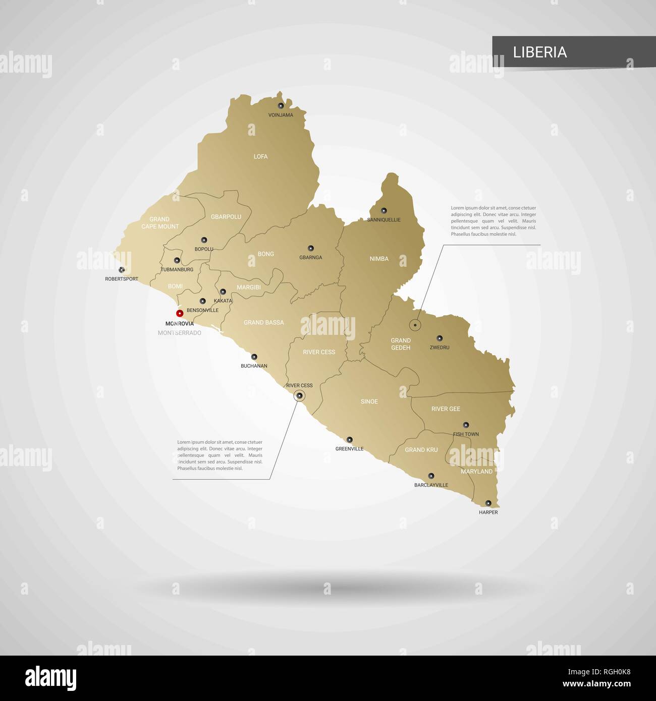 Stylized vector Liberia map. Infographic 3d gold map illustration with ...