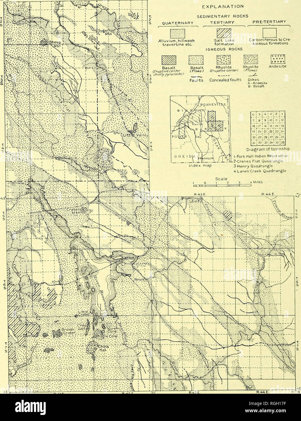 . Bulletin of the Geological Society of America. Geology. 250 G. R. MANSFIELD IGNEOUS GEOLOGY OF IDAHO R.42 E. 30 EXPLANATION SEDIMENTARY ROCKS TERTIARY PRE-TERTIARY Alluvium hillwash Salt Lahe Carboniferous to Cre travertine etc. formatron taceous formations IGNEOUS ROCKS Basalt Basalt Rhyolite Rhyolite Andesite (SrapCivecenter (Flans) (Eruptive center) iF/owl y chtef/jfpyroclastiO / J Faults Concealed faults Dikes = A-Andesita 6 Basalt ^; 5 4 1 3 ; 8 1 1 7 1 8 9 1 ICi II i 12 19 1 (7 16 : 15 1 i» I 13 19 ; ZO^ 21 | 22| Z1Z-. lozs 28 1 27'; 86 1 2i. 31 ;32 33'iJ&lt;.; 35;36 Diagram of towns Stock Photo