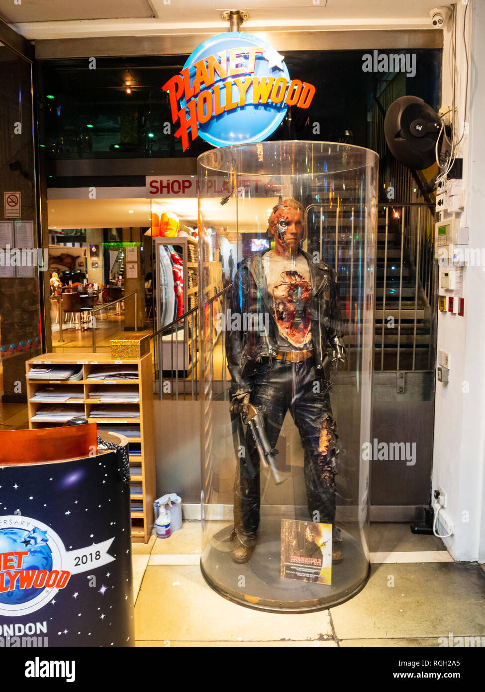 London,UK - January 26th 2019: Planet Hollywood restaurant in London. The famous Terminator figure inside Hollywood themed restaurant chain Stock Photo