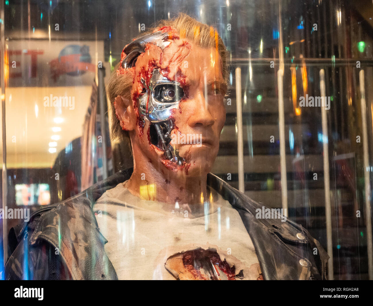London,UK - January 26th 2019: Planet Hollywood restaurant in London. The famous Terminator figure inside Hollywood themed restaurant chain Stock Photo