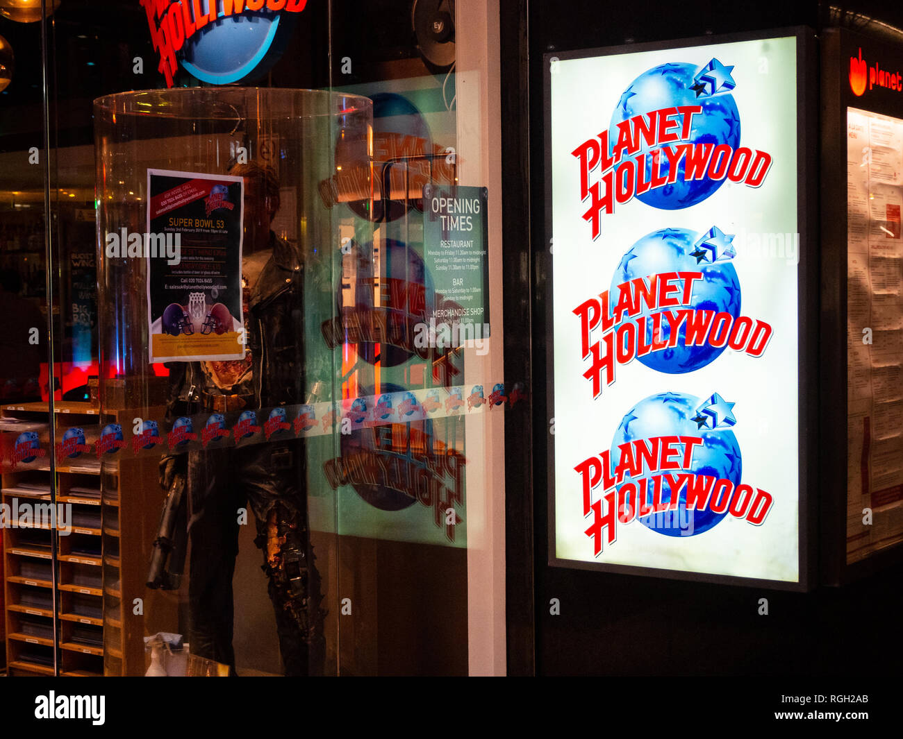 London,UK - January 26th 2019: Planet Hollywood restaurant in London. The famous Hollywood themed restaurant chain was founded by a group of film acto Stock Photo