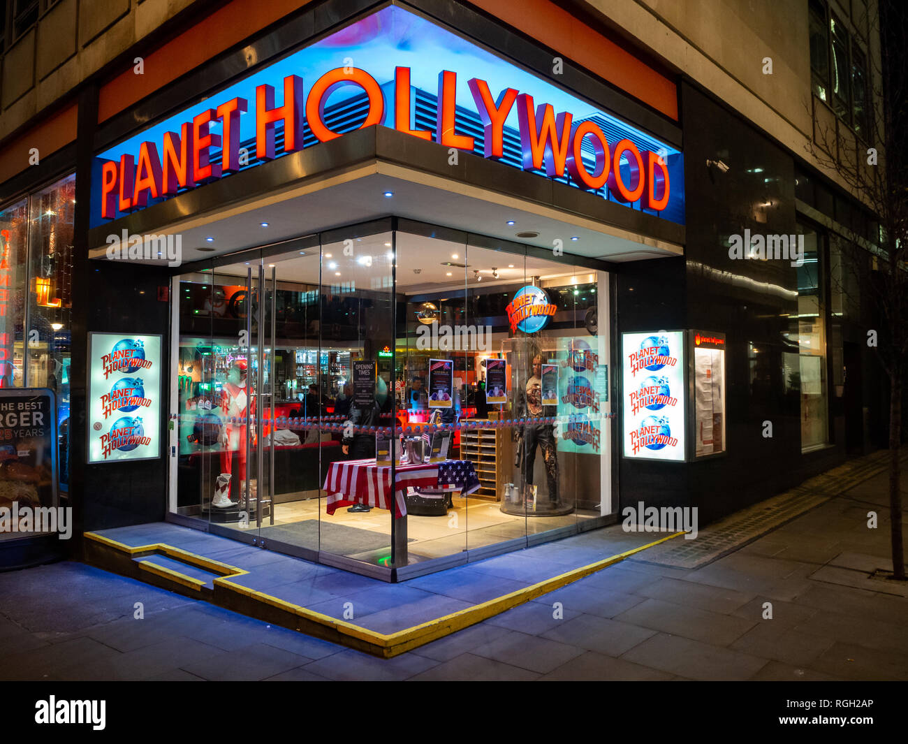 London,UK - January 26th 2019: Planet Hollywood restaurant in London. The famous Hollywood themed restaurant chain was founded by a group of film acto Stock Photo