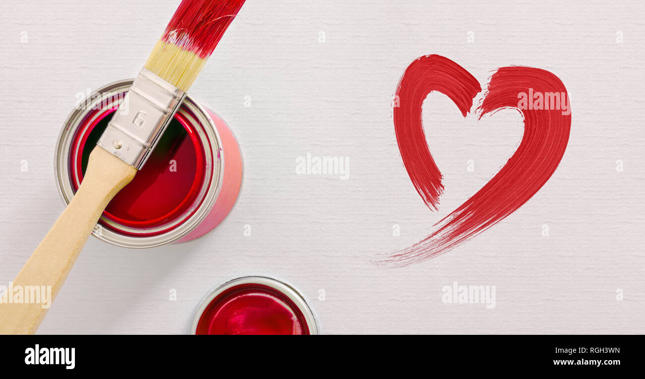 Background With Paint Pot And Brush On Textured Table And Painted