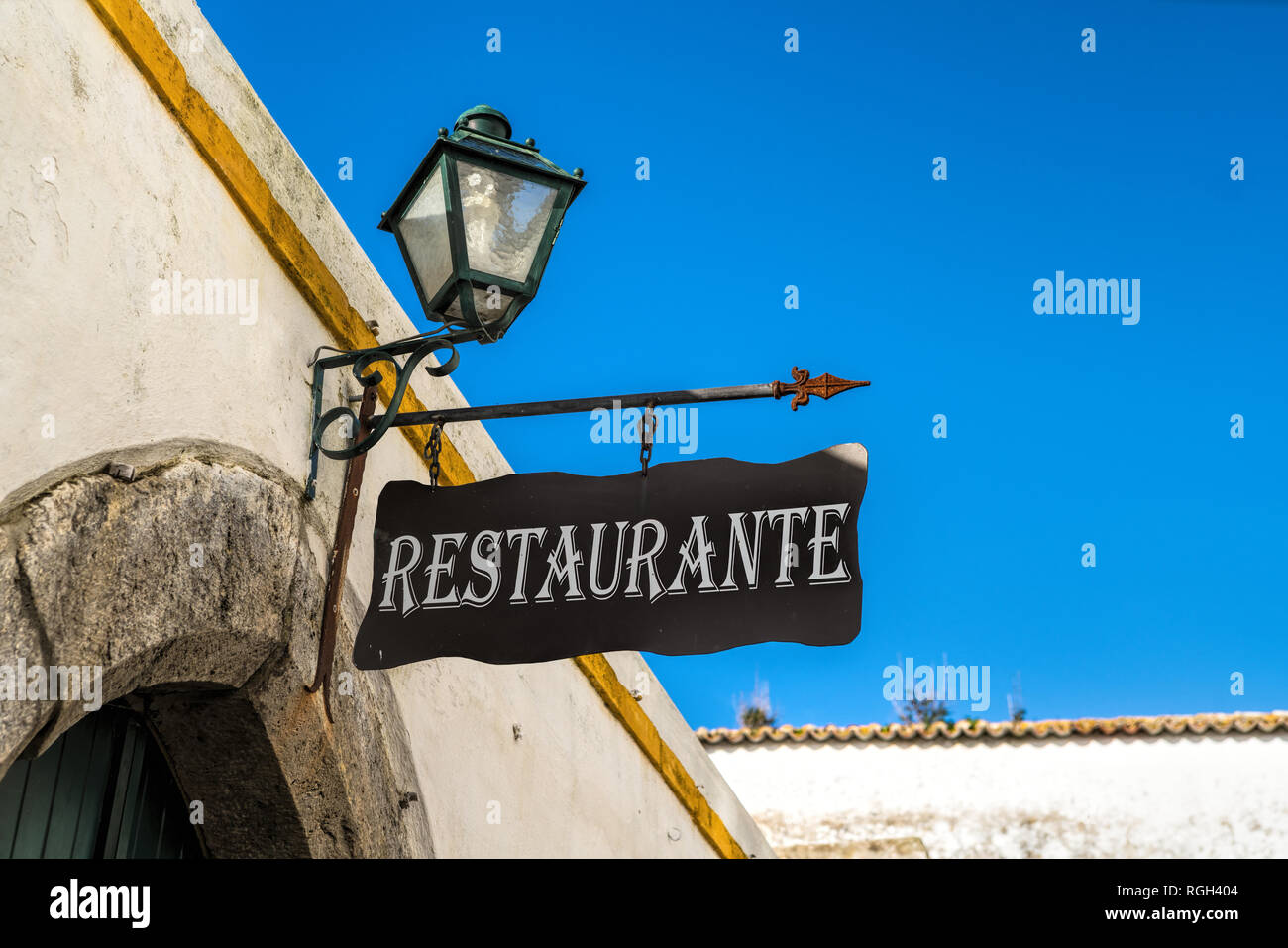 Sign reading 'Restaurant' in Obidos, Portugal Stock Photo