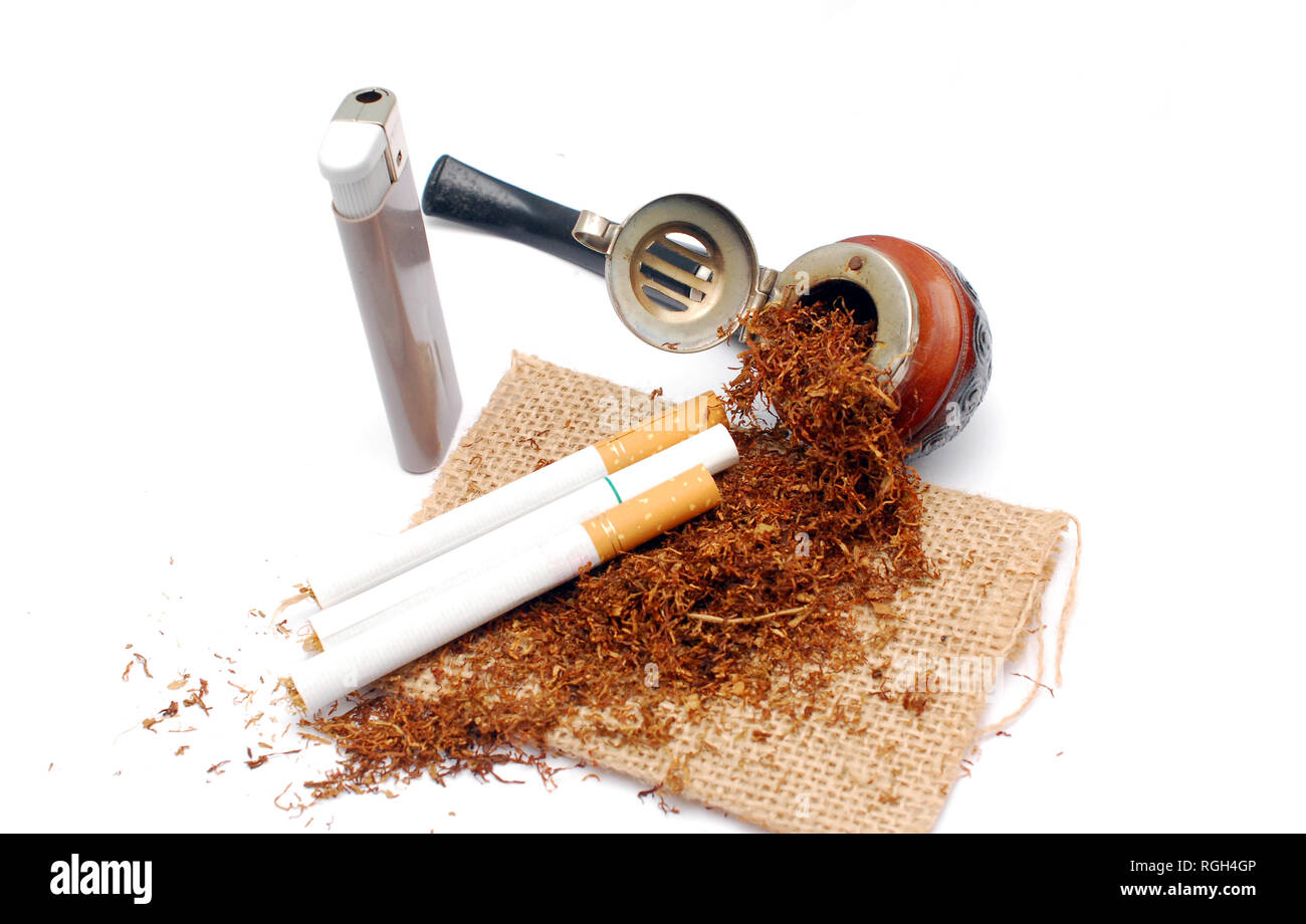 smoking tobacco pipe , cigarettes and lighter on white background