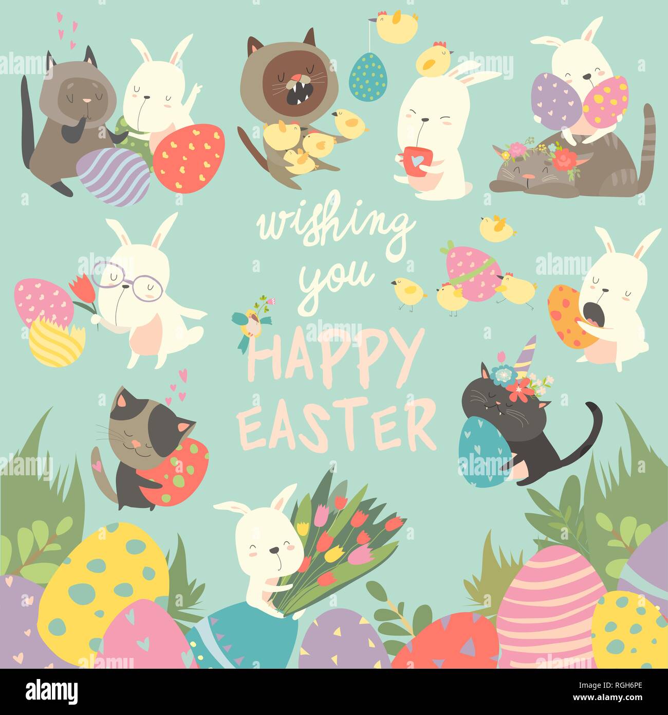 Easter set with bunny,eggs,rabbit,flowers,cats, chick on blue background. vector illustration Stock Vector