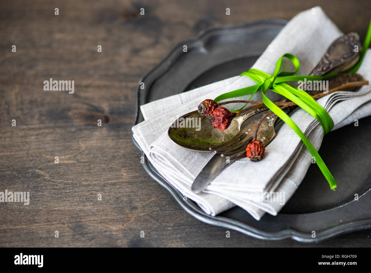 Festive easter table setting with colored eggs and easter bunny concept with copyspace Stock Photo