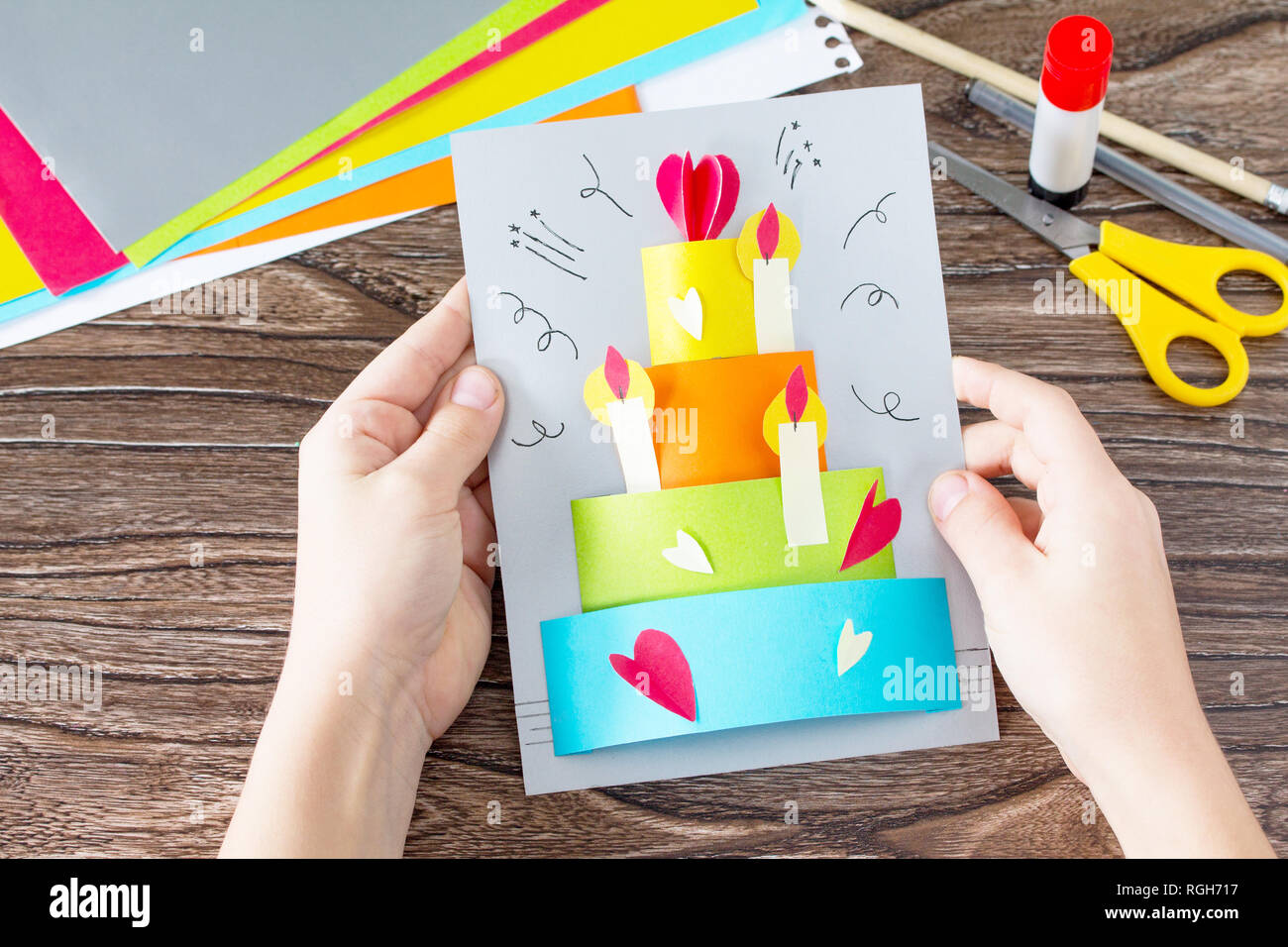 The Child Holds Greeting Card With Birthday Cake Congratulation Children S Art Project Craft For Kids Craft For Children Stock Photo Alamy