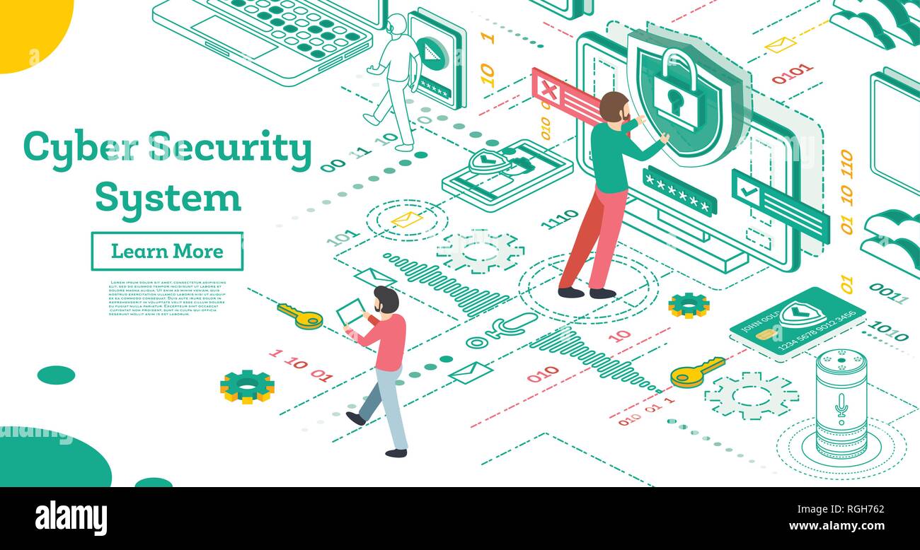 Outline Cyber Security Concept. Isometric Illustration Isolated on White. Data Protection Concept. Credit Card Check and Software Access Data. Stock Vector