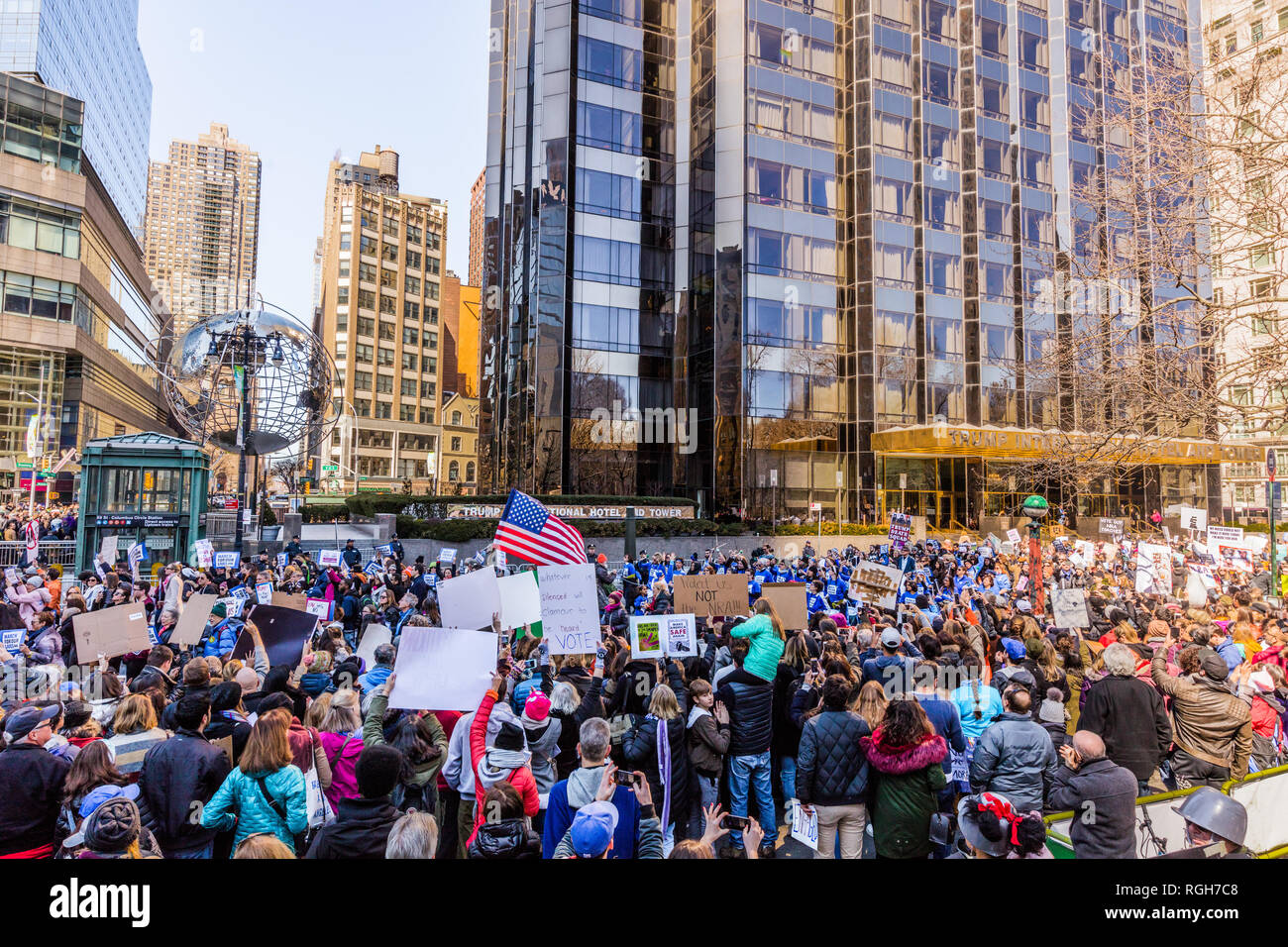 NEW YORK CITY- MARCH 24, 2018 : New yorker on a demonstration protest march for gun control in front of the Trump hotel Stock Photo