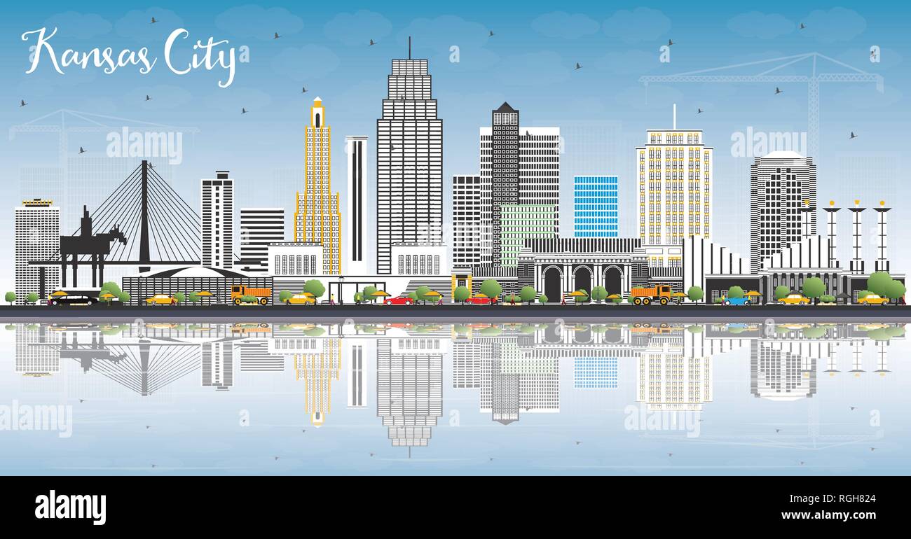 Kansas City Missouri Skyline with Color Buildings, Blue Sky and Reflections. Vector Illustration. Business Travel and Tourism Concept. Stock Vector