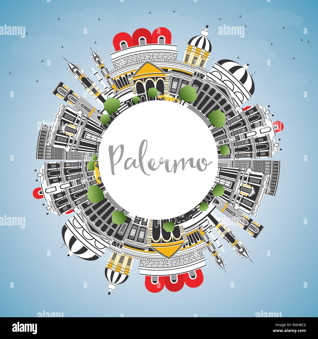 Palermo Italy City Skyline with Color Buildings, Blue Sky and Copy Space. Vector Illustration. Business Travel and Tourism Concept. Stock Vector