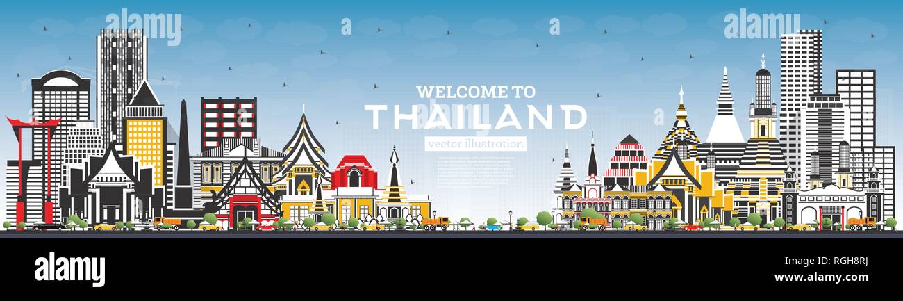 Welcome to Thailand City Skyline with Color Buildings and Blue Sky. Vector Illustration. Tourism Concept with Historic Architecture. Thailand. Stock Vector