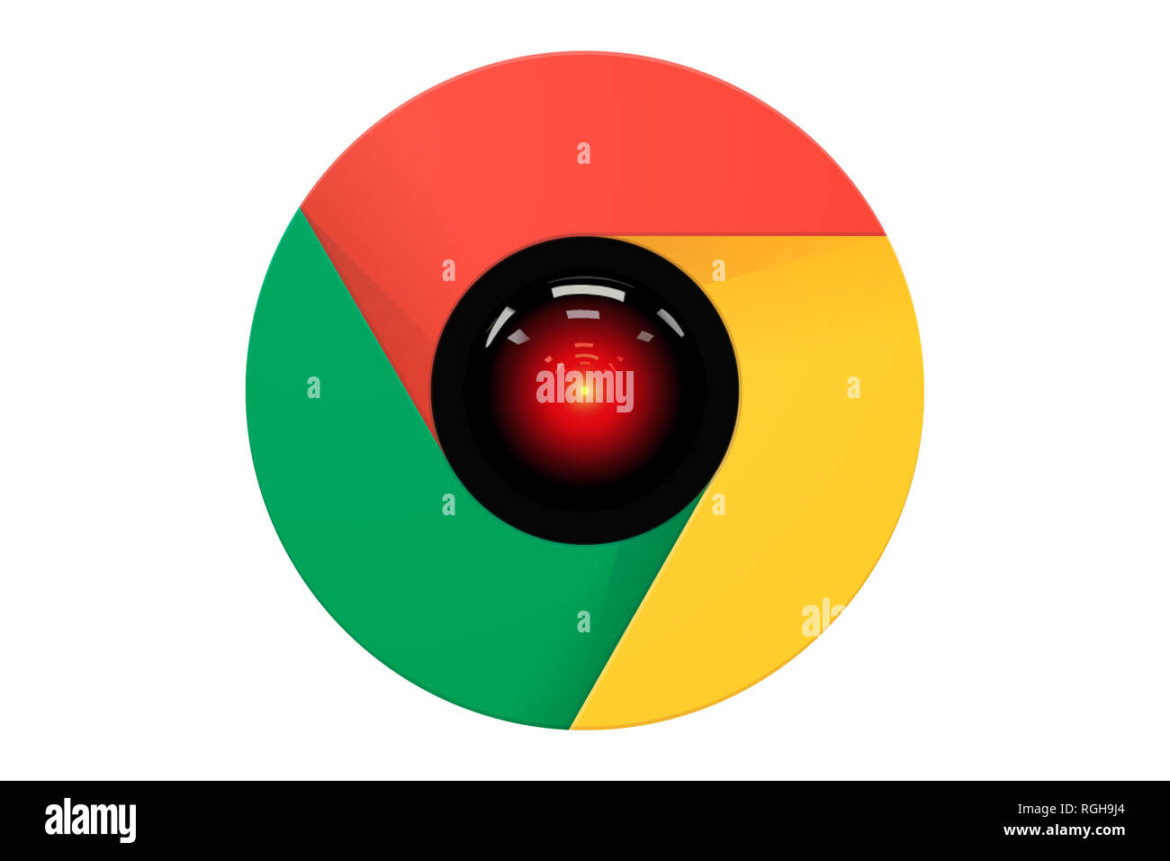 Google chrome logo and Hal 9000 2001 Space Odissey camera eye, concept,  isolated on white background Stock Photo