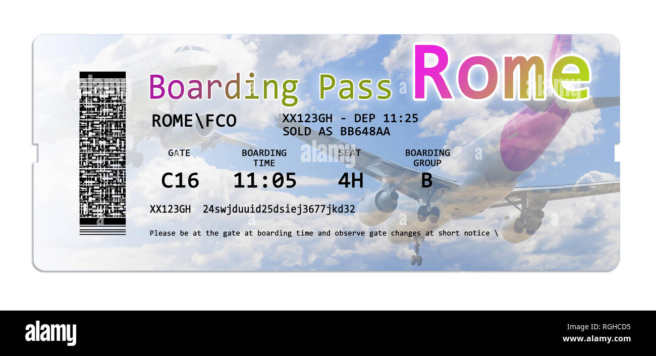 Airline boarding pass tickets to Rome isolated on white - The contents of the image are totally invented Stock Photo